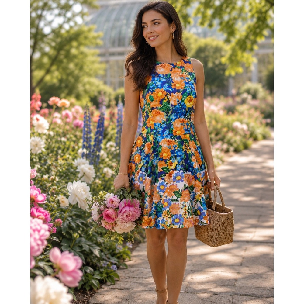 Yumi Kim 100% Silk Floral Fit & Flare Dress Blue Orange Sleeveless Halter Medium